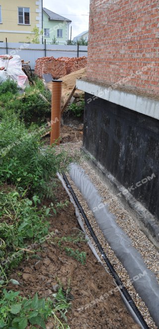 Укладка дренажных труб во время проведения работ связанных с дренажом фундамента вокруг дома